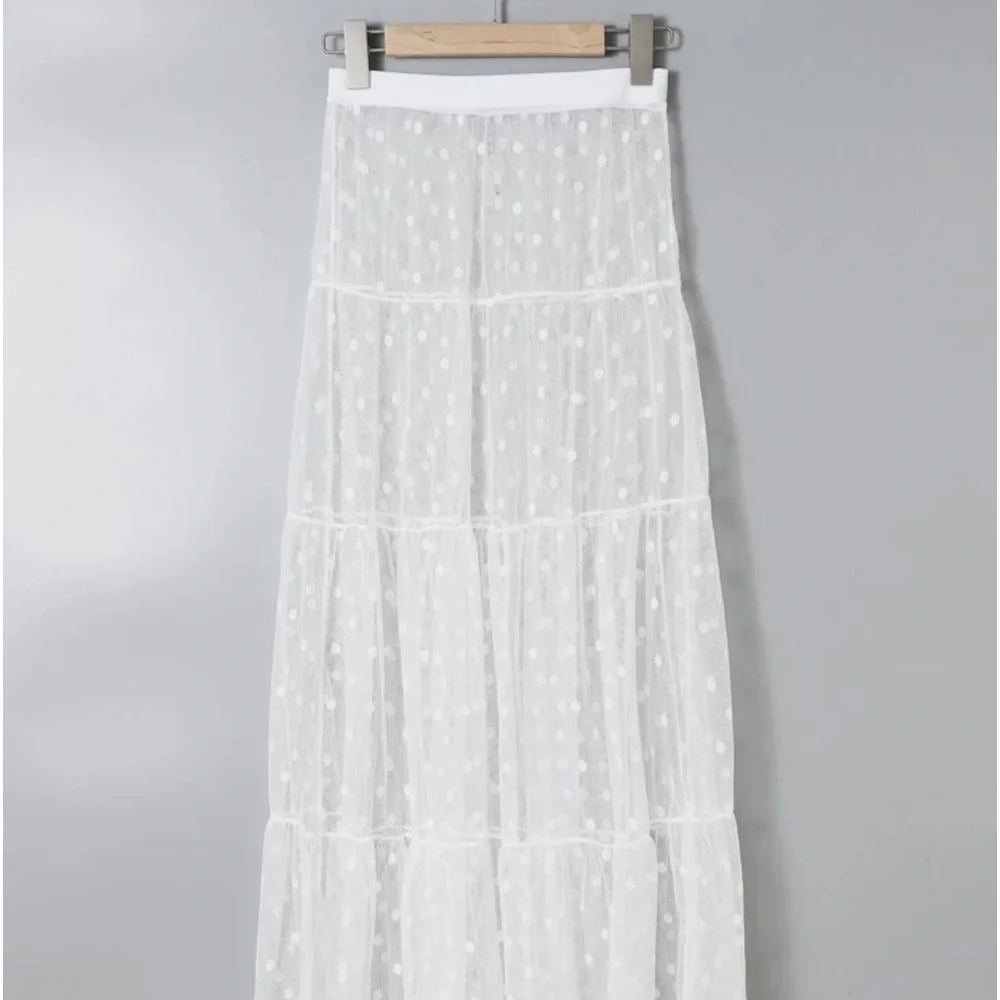 SHEIN white polka dot sheer mesh maxi skirt NWOT large - Picture 7 of 7